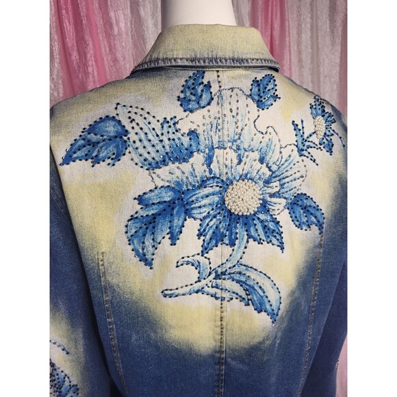 Vintage PJ Shernda Y2K Acid Wash Floral Beaded Pearl Jean Jacket Size Large - Picture 11 of 13